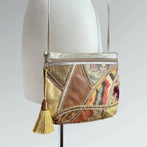 HOLT RENFREW 80s 90s Gold Leather Patchwork Shoulder Bag w Tassel Made in Italy